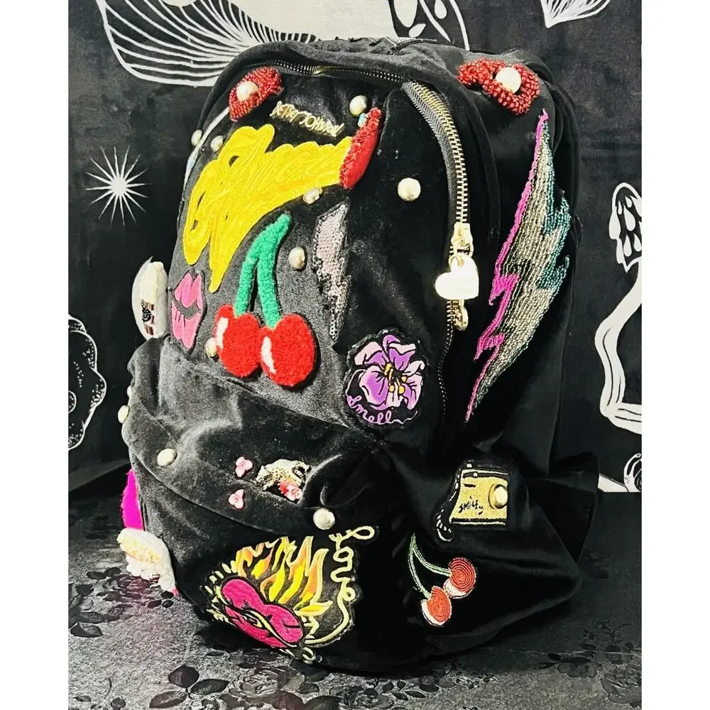 Betsey Johnson Embellished Punk Graffiti Backpack Black Rose Cherry Lips Studded